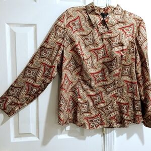 Talbots 100% Silk  Red and Tan Paisley Button Down Shirt Long-Sleeve Top 14 P